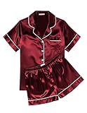 Ekouaer Womens Silk Satin Pajama Sets Soft Short Sleeve Button Down Sleepwear Top and Shorts 2 Piece Pjs Lounge Set,Wine Red,XL