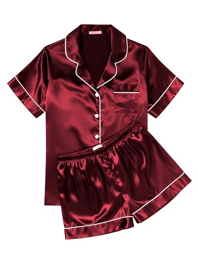 Image of Ekouaer Womens Silk Satin Pajama Sets Soft Short Sleeve Button Down Sleepwear Top and Shorts 2 Piece Pjs Lounge Set