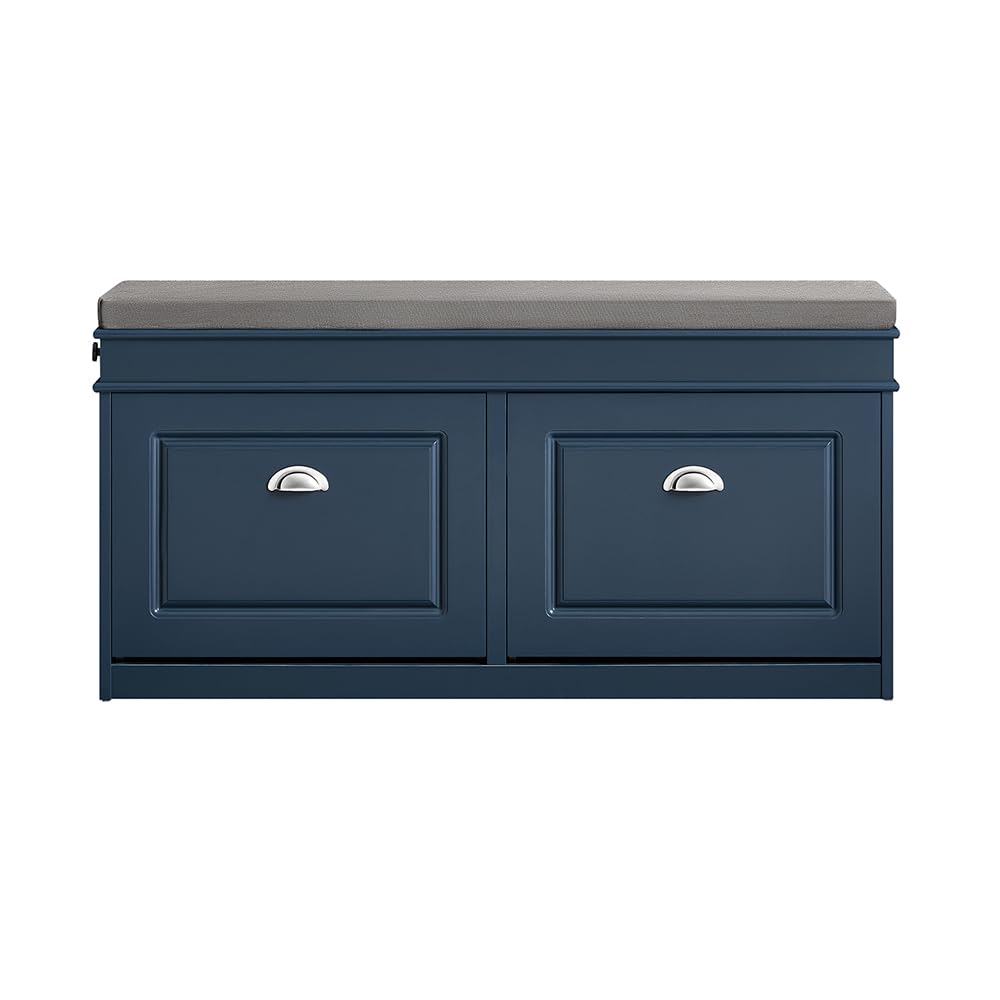 Haotian Shoe Storage Bench Entryway, Shoe Cabinet Bench with 2 Flip Drawers & Cushion, Modern Design Shoe Organizer for Hallway, Navy Blue FSR64-B