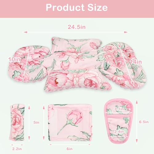 Image of DILIMI Infant Car Seat Insert, Baby Car Seat Head Support with 3 Strap Paddings, Soft Newborn Car Seat Cushion for Stroller, Swing, Bouncers, Pink Flower