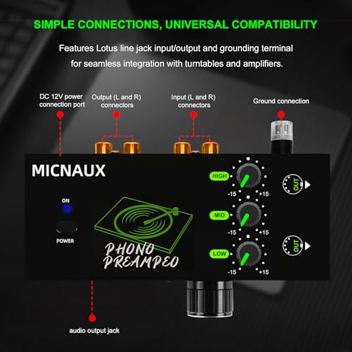 image for MICNAUX Phono Preamp for Turntable, Mini Hi-Fi Preamplifier with 3 Ban