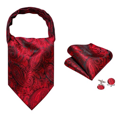 Image of Barry.Wang Ascot Ties Cravat Tie Men Paisley Plaid Scarf Self Tie Pocket Square Cufflinks Set Wedding Party