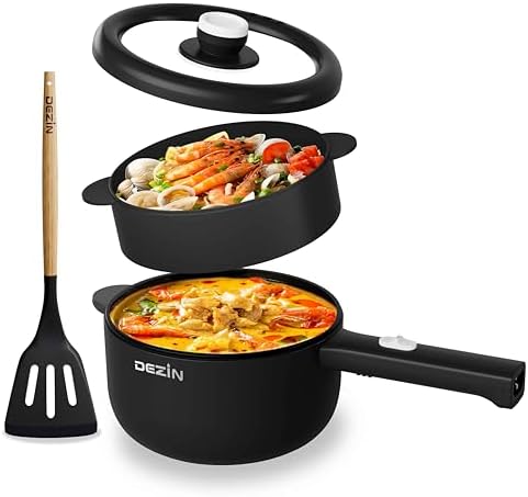 Dezin Electric Cooker, 2L Non-Stick Sauté Pan, Rapid Noodles Cooker, Mini Pot for Steak, Egg, Fried Rice, Ramen, Oatmeal, Soup with Power Adjustment, College Dorm Room Essential(Egg Rack Included)