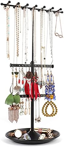 Ekero Jewelry Organizer Stand Necklace Organizer Adjustable Height Jewelry Holder Large Capacity Necklace Earring Holder Ring Bracelet Display 3-in-1 Matte Black