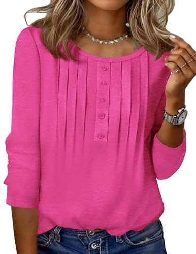 Zeagoo 3/4 sleeve Shirt Fall Tops for Women Round Neck Fashion Casual Tunic Blouse Summer Loose Fit Tee Tops For Summer Fashion Rose XL