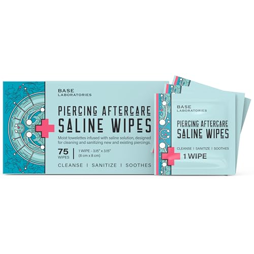 Image of BASE LABORATORIES Piercing Aftercare Wipes | Cleanses & Sanitizes | Piercing Cleaner Wipes for Nose, Ear, Lips | Saline Solution for Piercings | Keloid Bump Removal & Piercing Bump Treatment -75 Wipes