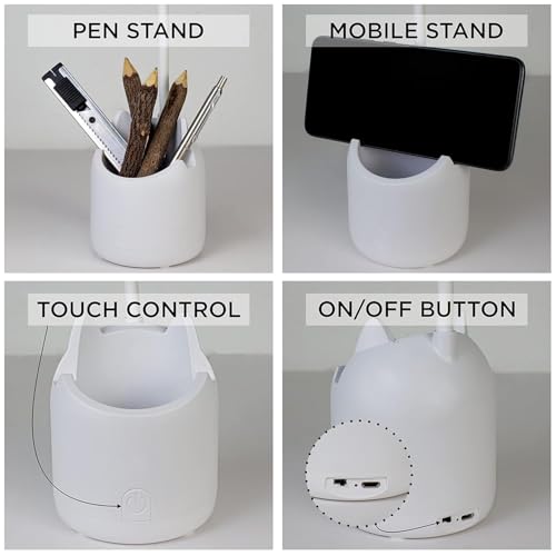 Image of COVACURE Table Desk Lamp Holder, 360 Flexible Rechargeable Led Desk Lamp with Pen & Phone Holder Portable Led Table Lamp for Study with Pen Stand Easy Touch Control Glare Free Lighting 3 Colour