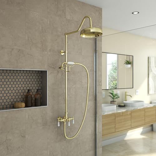Image of Abbey 10 x 34 1 /2 Shower Faucet Set with Handshower, Polished Brass