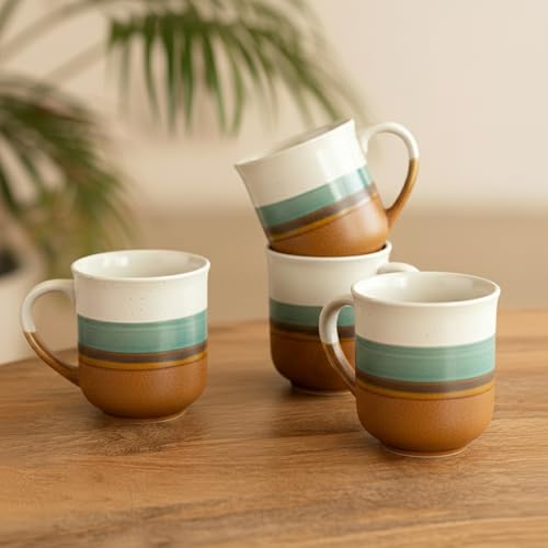 Image of ExclusiveLane 'Zen Garden' Ceramic Coffee Mugs Set of 4 (Set of 4, Each Cup : 330 ml, Microwave & Dishwasher Safe, Hand-Glazed) |Ceramic Mugs for Coffee Cup Tea Mug & Cup Mugs for Milk