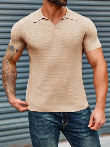 Runcati Mens Knitted Polo Shirt Muscle Short Sleeve V Neck Stretch Casual Slim Fit Vintage Ribbed Golf T-Shirt2