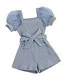 Girls Casual Rompers Square Neck Mesh Short Sleeve Knitted Shorts Jumpsuit With Belt 7-8Years
