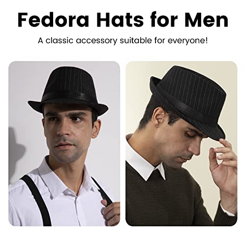 Younglove Men's Gangster Structured Pinstripe Short Brim Fedora Hat Black Fedora Hats For Women Men's Fedoras, Black #TOP2