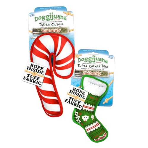 Image of Doggijuana Stocking Stuffer, Candy Cane Dog Toy Bundle | Holiday 2 Pack | Refillable squeaky plush dog toy + organic calming catnip; eases anxiety, stress & storms; drug-free, hand-harvested