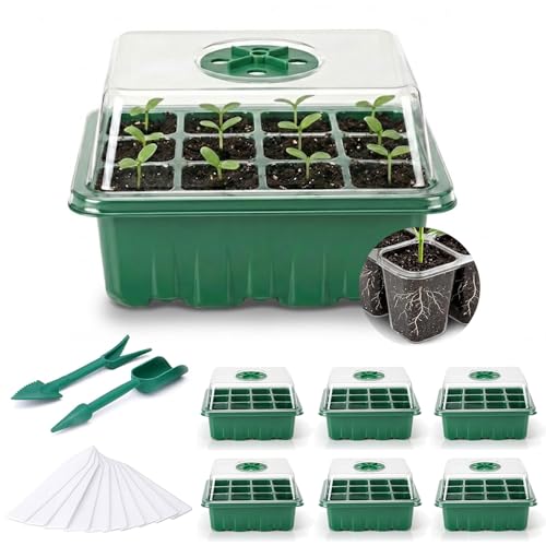 Fox·Bunny Propagator, 6 Pack Propagators for Plants,12-Cell Seed Trays with Lids,Indoor Gardening Kit for Seeds Planting (Green,10 White Labels, 2 Tools)