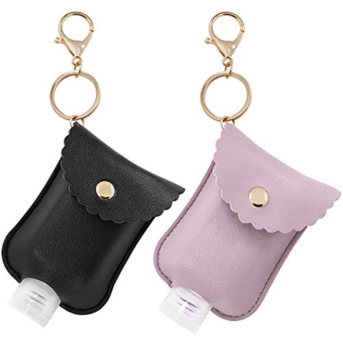 Hzran Portable Squeeze Bottle, Empty Leakproof Plastic Travel Bottle with Leather Keychain Holder for Hand Sanitizer, Essential Oil, Refillable Bottle Clips to Diaper Bag, Travel Bag(2oz 2pack-Purple)