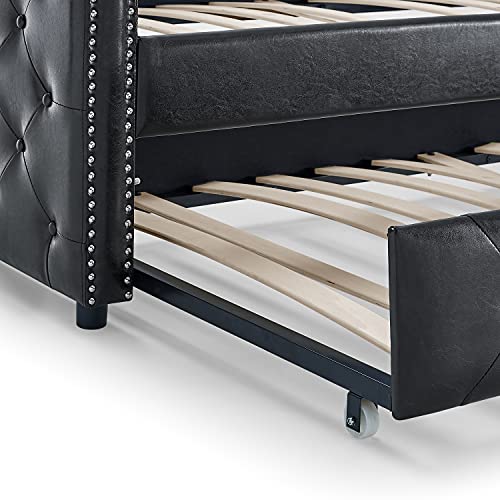 Biadnbz Twin Size Daybed With Trundle, Modern Upholstered Day Button-Tufted Sofa Bed Frame, Copper Nail On Arms, Furniture For Bedroom Living Room, Black #TOP6