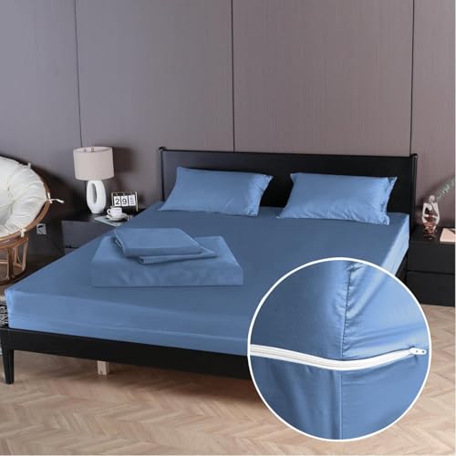 D.N.G BEDDINGS DNG 4 Piece Zipper Sheet Set, Twin Size - Include (1 Zipper Fitted Sheet, 1 Flat Sheet and 2 Pillowcase) 6 Inch Deep Pocket, 800 TC, 100% Egyptian Cotton, Solid Medium Blue Color.