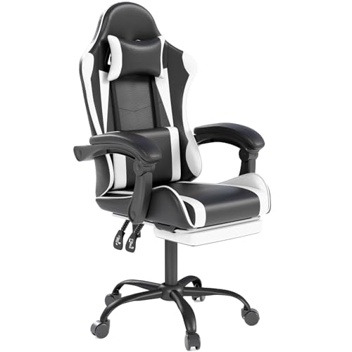 OS MOTOR Gaming Chair with Headrest and Lumbar Support, Ergonomic High Back Office Chair, Racing Style Executive Computer Desk Chair, Leather Adjustable Swivel Task Chair for Home Office (White)