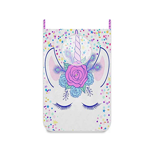Image of Cream Unicorn Magic Head Door Hanging Laundry Hamper Bag Floral Unicorn Space Saving Wall Large Laundry Basket Storage Dirty Clothes Bags with Bottom Zippers Hooks for Bathroom Bedroom 1 Pcs