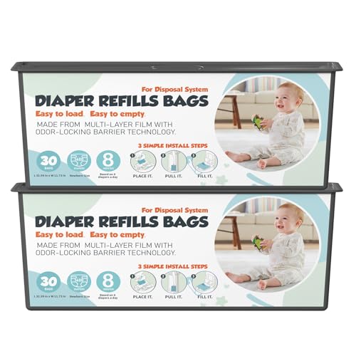 Diaper Pail Refills Bags with 30 Bags Compatible with Genie Easy Roll Signature and Platinum Diaper Pails, 7-Layer Odor-Barrier Technology, 2 Pack (60 Bags)