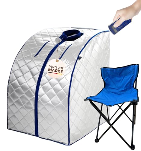 Mobile Infrarotsauna XL Deluxe 1000 W | Tragbare Sauna für 1 Person mit Campingstuhl | Faltbare Wellnesskabine für Zuhause | Kompakte Wärmekabine für Entspannung & Stressabbau