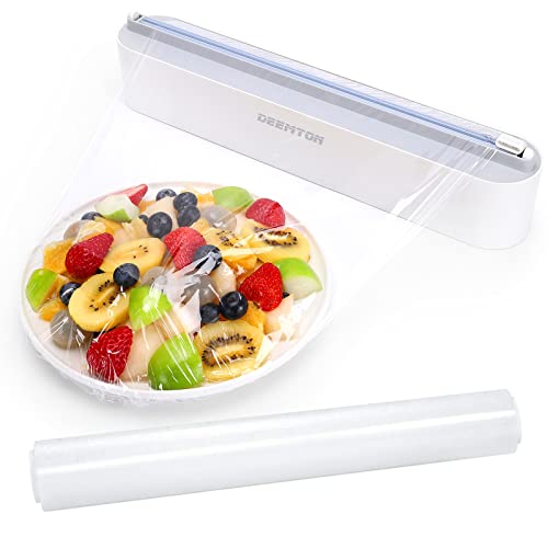 Plastic Wrap Dispenser with Cutter,Plastic Food Wrap Dispenser with Slide Cutter Refillable Cling Film Dispenser with 250' of Professional BPA Free Cling Film.