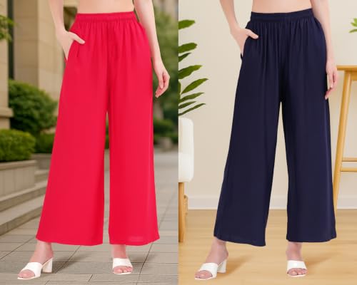 Image of Buy That Trendz Palazzo Pants for Women Rayon Elasticated Regular Fit Flared Wide Leg M to 6XL Pack of 2