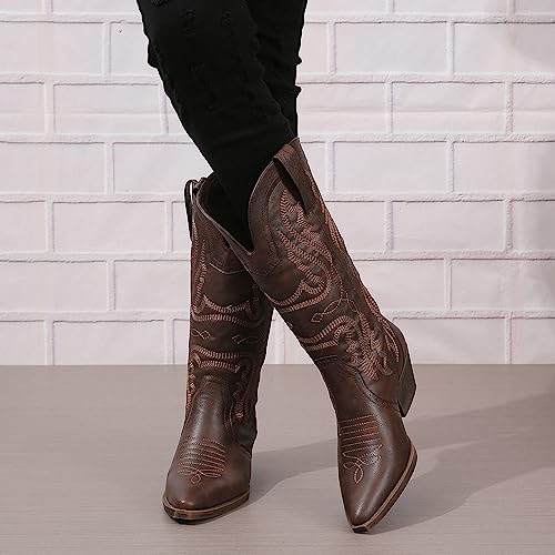 Image of SelRoys Cowboy Boots for Women Cowgirl Mid Calf Western Boots Embroidered Stitched Pointed Toe Chunky Block Heel Brown Red Black US5-11