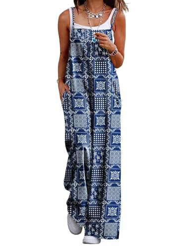 YESNO Women's Summer Boho Cotton Casual Jumpsuits Wide Leg Overalls Floral Print Baggy Rompers with Pockets L PZZCR 408