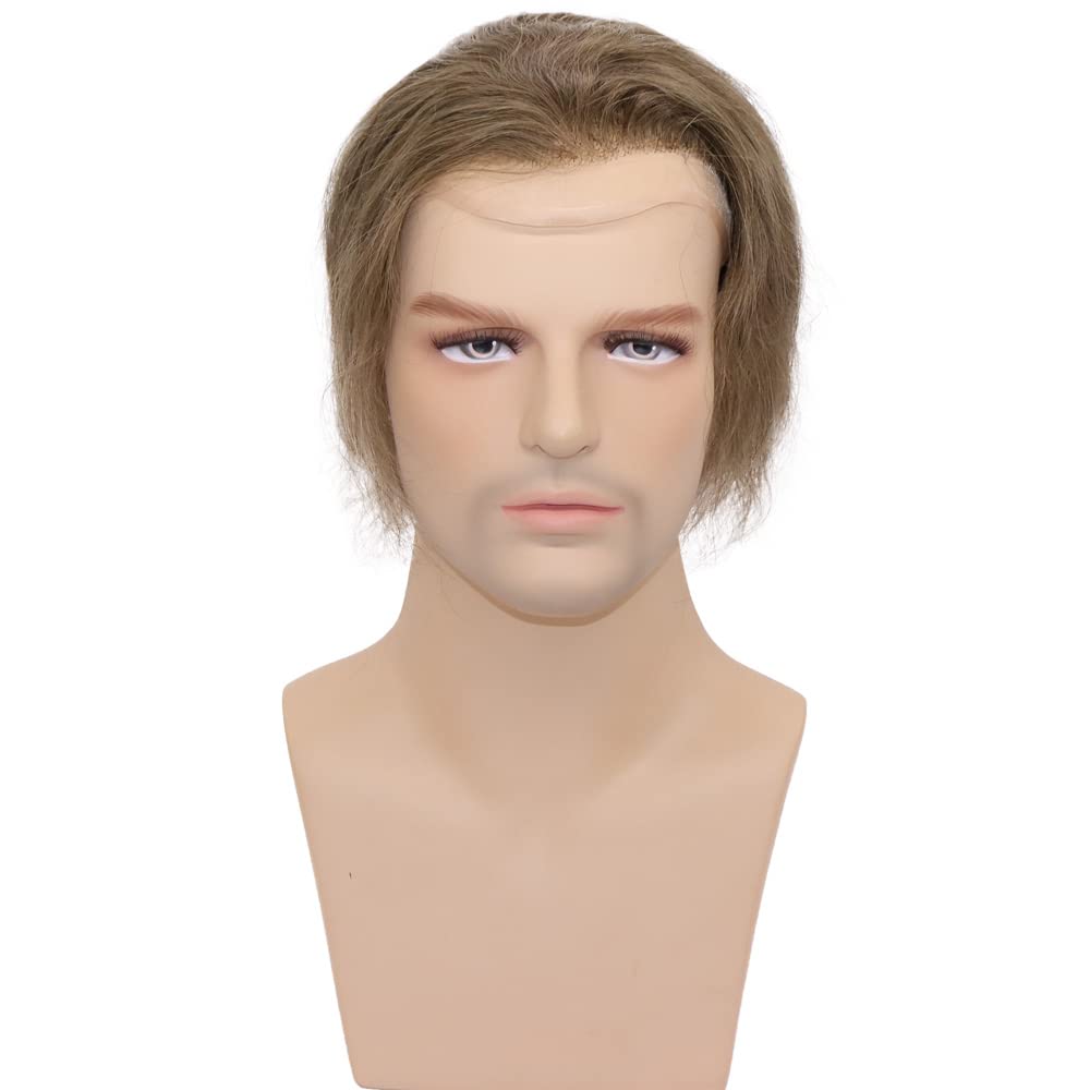 Men toupee Swiss Lace Front Natural Hairline with PU Skin V-looped European Human Hair Replacement System for Man Wigs 8x10 Inches Medium Density Hairpiece(#17 Light Blonde Brown Color)