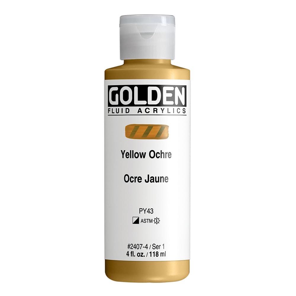 GOLDEN Fluid Acrylics, Yellow Ochre, 4 fl. oz. Bottle, Professional Acrylic Paint, Semi-Opaque