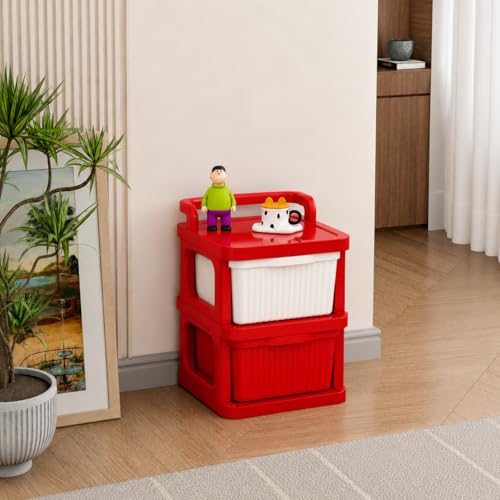 Image of JD FRESH 2 Tier Plastic Storage Drawer Cabinet with Wheels /Plastic Storage Drawer /Multipurpose Chest of Drawer /Storage Box for Living Room, Office and Home /Toys Organizer for Kids Room (Red)