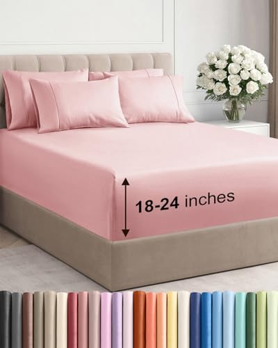 Image of Extra Deep Cal King Sheet Set - 6 Piece Breathable & Cooling - Baby Pink | Hotel Luxury Bed Sheets Set, Easy & Secure Fit, Ultra-Soft, Wrinkle & Fade Free, Comfy Sheets Set with Extra Deep Pockets