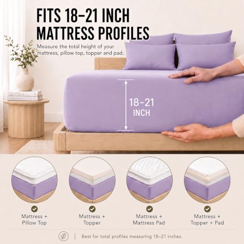 Image of CozyLux 6-Piece King Size Sheet Set, Fits 18-21 Inch Mattresses, Oeko-TEX | 4 Pillowcases, 1 Flat Sheet and 1 Fitted Sheet with All-Around Elastic and 21-Inch Deep Pocket for a Secure Fit, Lavender