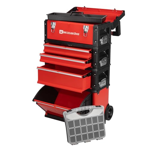 Werkzeugtrolley 4 Teile Stahlblech Rot pulverbeschichtet - 1 Werkzeugkoffer, 2 schmale Schubladen, 1 hohe Schublade, 1 großes Klappfach - gratis Kleinteilekoffer