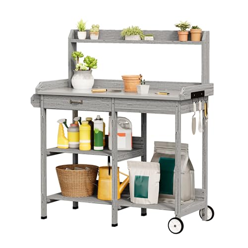 Xbro Pflanztisch mit Rollen Outdoor wetterfest Gärtnertisch Holz mit Schublade & Ablagen Blumentisch mit verzinkter Arbeitsplatte & Haken für Balkon Terrasse Garten 112x43x121 cm Grau