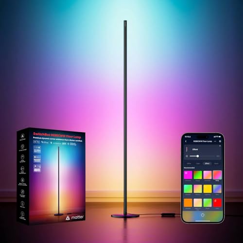 SwitchBot Matter RGBIC Stehlampe Wohnzimmer, Warm- & Kaltweiß, Floor Lamp Dimmbar mit Apple Home, Alexa, Google Home, APP-Steuerung, Musikmodi, Szenenmodi, LED Stehlampe Schwarz für Schlafzimmer