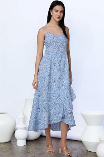 Image of POPWINGS Casual Floral Printed Midi Frill Strap Dress for Women || Sleeveless Midi-Length Women Dress || V-Neck Maxi Dress for Women || Stylish Western Summer Women Dress