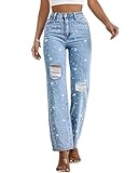 LifeShe Women's High Waist Ripped Distressed Jean Straight Leg Pearl Denim Pants Blue