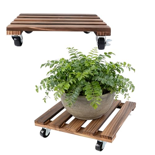 Image of SIGONE 2 PCS 30cm Square Wooden Plant Caddy with Wheels, Indoor Outdoor Rolling Planter Base, Gardening Accessories