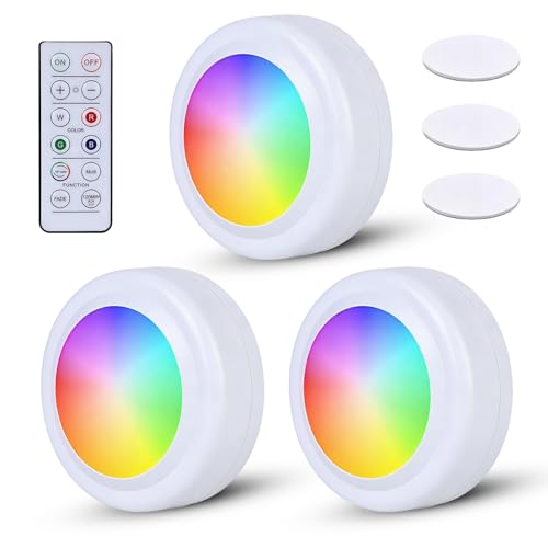 VEGOATY Juego de 3 luces inalámbricas para vitrinas: 16 colores de cambio de color, funciona con pilas, iluminación con mando a distancia y función de temporización, lámpara táctil redonda para