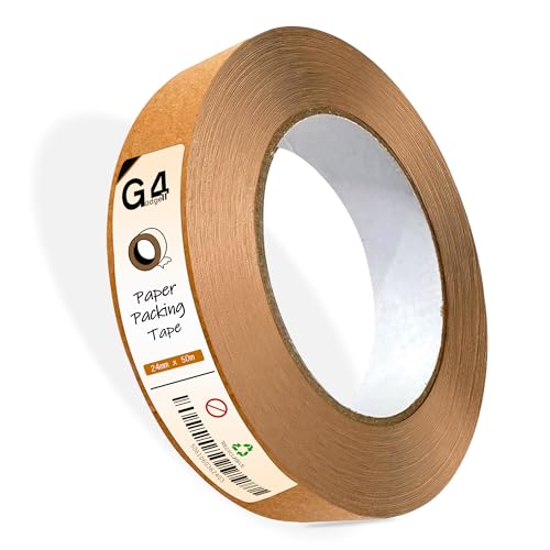 G4GADGET Kraft Paper Packing Tape 24mm x 50m | Strong Brown Paper Tape for Parcel Packing Picture Framing & Moving Boxes | Eco-Friendly & Recyclable