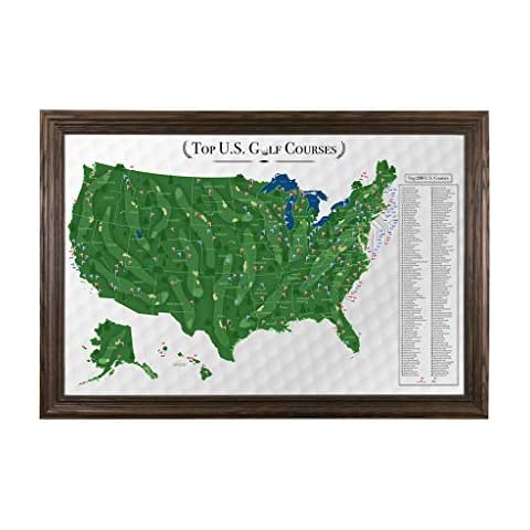 Push Pin Travel Maps Customizable Wall Art - Top Golf Courses USA Map - Solid Wood Brown - Framed Pin Map, Includes 150 Pins - Handcrafted in USA - 27.5" x 39.5" Cover
