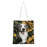 Tcoay Bolso de tela reutilizable para ir de compras, bolsa de mano para la compra, bolsa de hombro de lona multiusos,Flores para perros border collie felices