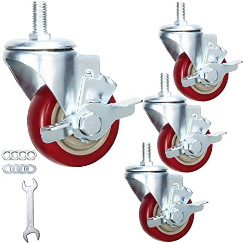 Heavy Duty Stem Caster Wheels Soft PU Threaded Stem Casters 1/2″-13 x 1 (Stem Diameter 1/2″, Stem Length 1″) Dual Locking with Side Brakes Casters Set of 4 (3 Inch)