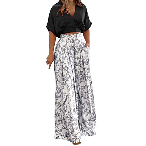 Conjunto de Pantalones Plisados de 2 Piezas para Mujer, Camisa Informal con Botones Sueltos, Blusa, Top, Pierna Ancha, Conjunto de Pantalones Palazzo, Mono Ropa Deporte Mujer Yoga(1-Negro,L)