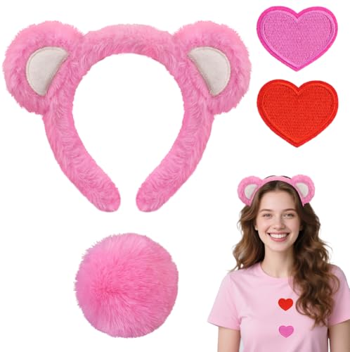 UV-BANS Bear Ears Headband Tail & Heart Patch - Cartoon Bear Costume Accessories Set for Women & Adults Halloween Animal Cosplay