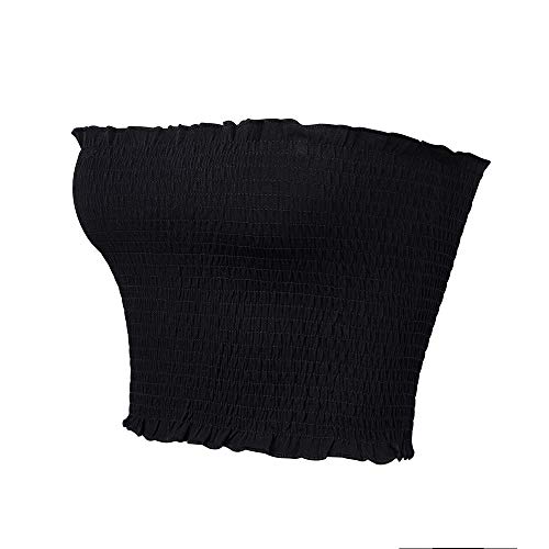 Women?s Strapless Pleated Print Bandeau Sexy Tube Crop Tops, Black, Small - Medium