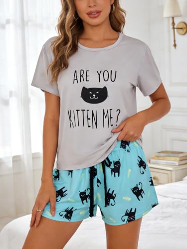 Image of VENTELAN Pajama Set For Women Cute PJS Summer Short Sleeve Shorts Sleepwear