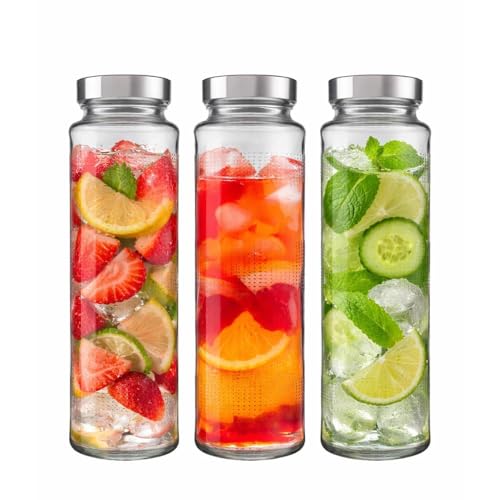 Image of Glassbunny 750ml Leak-Proof Airtight Stainless Steel Lid Glass Water Bottles for Water, Smoothie, Juices - Reusable Travel Drinking Fridge Bottles Pack of 3